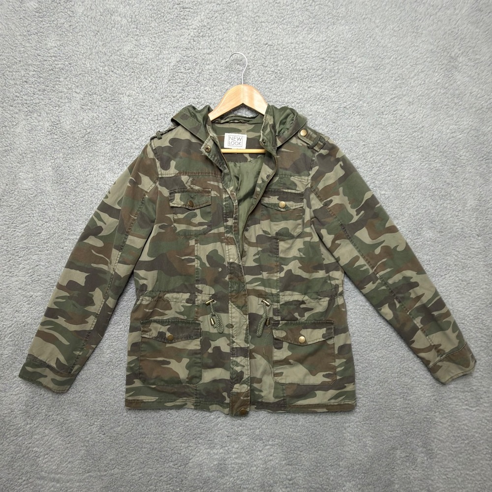 Y2K New Look Jacket Women L Green Camo Utility Military Hooded Full Zip‎ Pockets